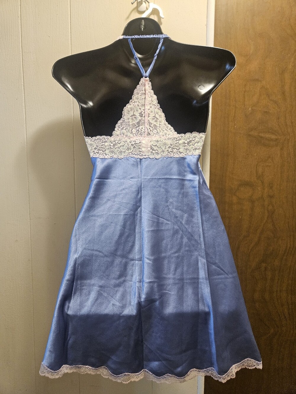 NWOT Victoria's Secret Blue Satin and Pink Lace Halter Chemise - Picture 2 of 3